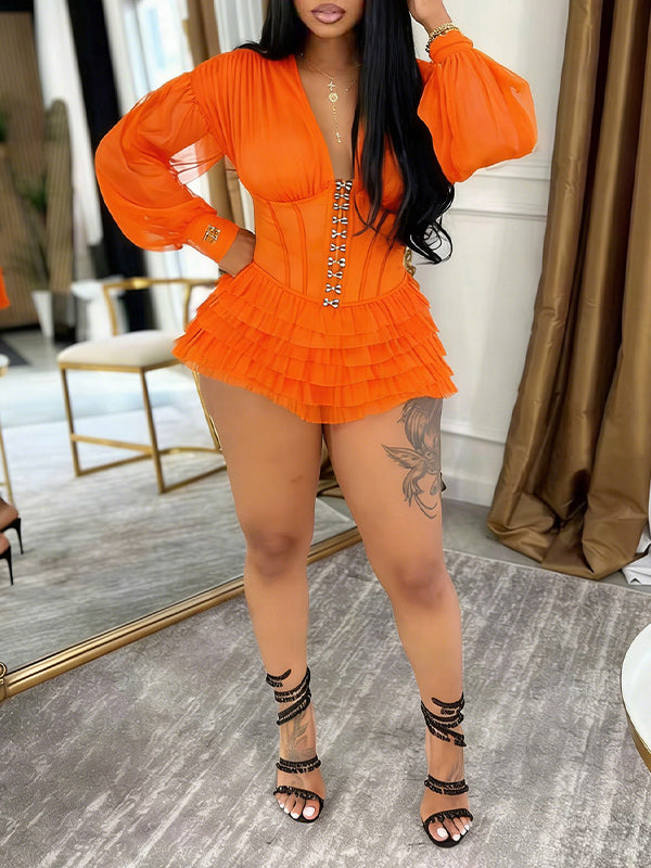 V-Neck Frilled Romper Orange