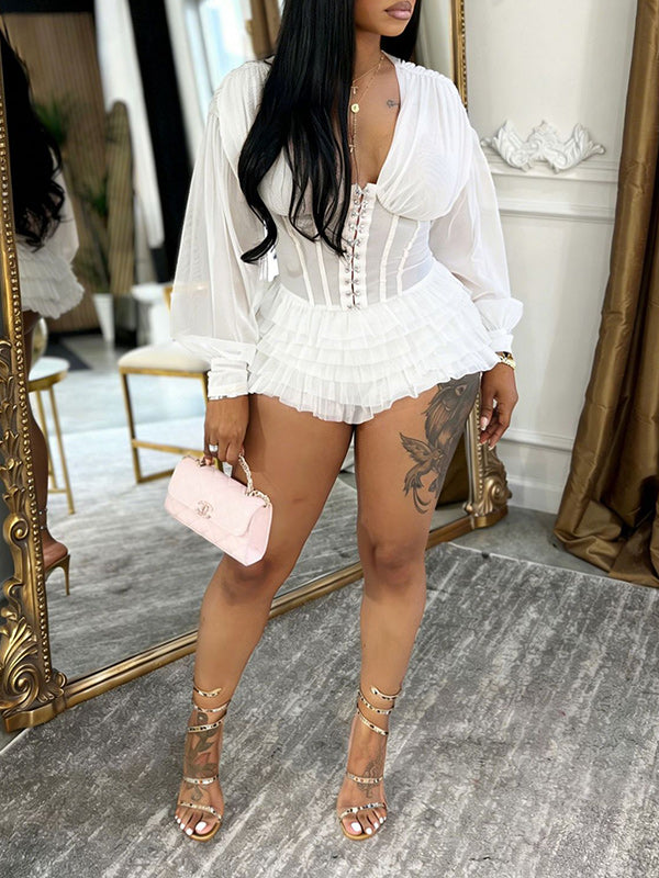 V-Neck Frilled Romper White