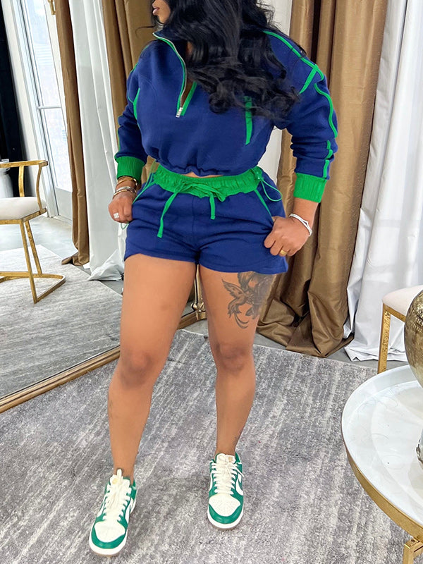 Contrast Zip Top & Shorts Set Blue
