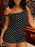 Dot Boat-Neck Tied Romper Black