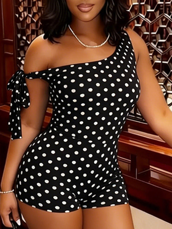 Dot Boat-Neck Tied Romper Black