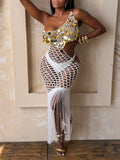 Sequin One-Shoulder Knit Fringe Dress White