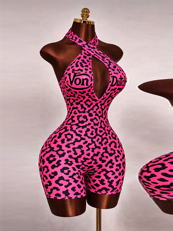 Printed Halter Romper Hot Pink
