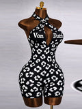 Printed Halter Romper Black