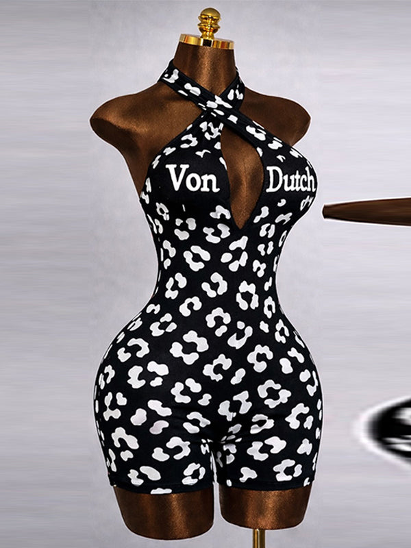 Printed Halter Romper Black