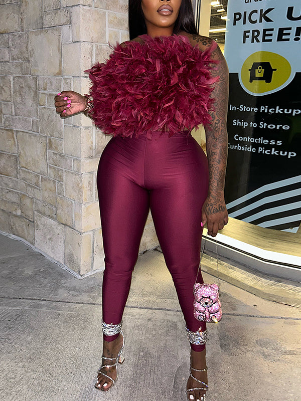 Feather Tube Top & Pants Set Burgundy