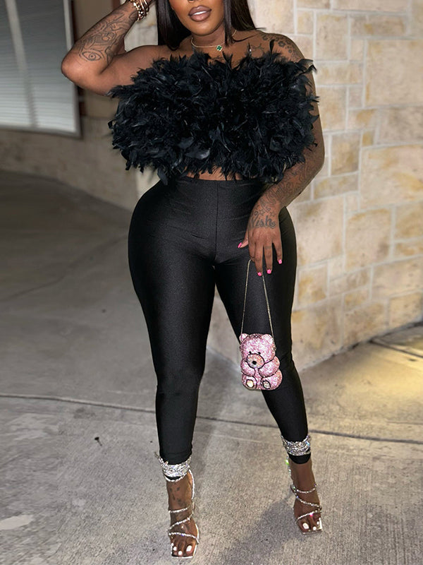 Feather Tube Top & Pants Set Black
