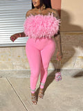 Feather Tube Top & Pants Set Pink