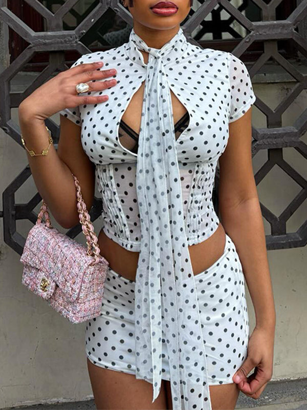 Dot Tied-Neck Top & Skirt Set