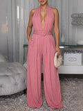 Belted Halter Jumpsuit Pink