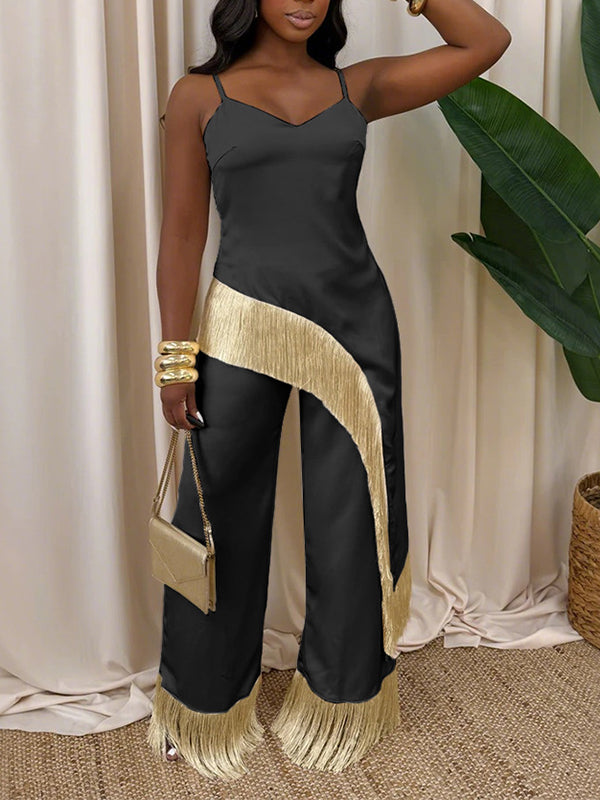 Fringe Cami Top & Pants Set Black