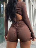 Drawstring V-Neck Romper Brown