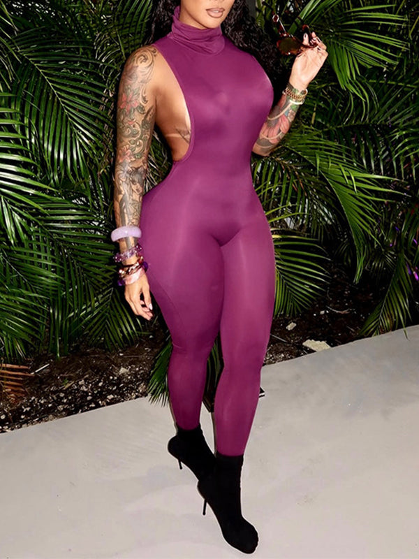 Turtleneck Sleeveless Jumpsuit Purple