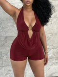 Cowl-Neck Halter Romper Burgundy