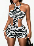 Printed Halter Cutout Romper Black