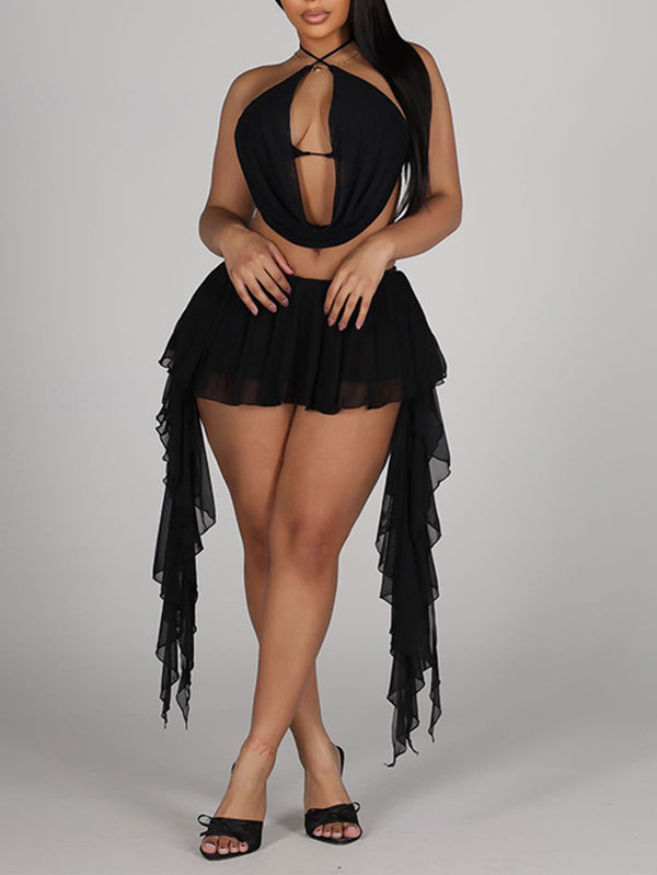 Cowl-Neck Halter Top & Draped Skirt Set Black