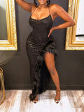 Feather Combo Sequin Dress Black
