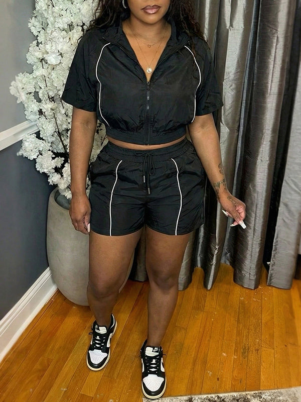 Stripe Zip Top & Shorts Set Black