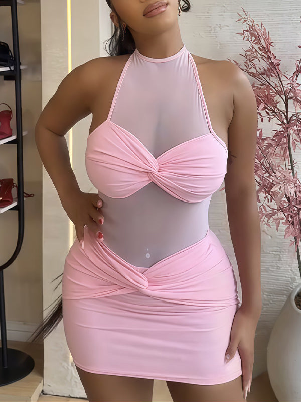 Sheer Combo Halter Dress Pink