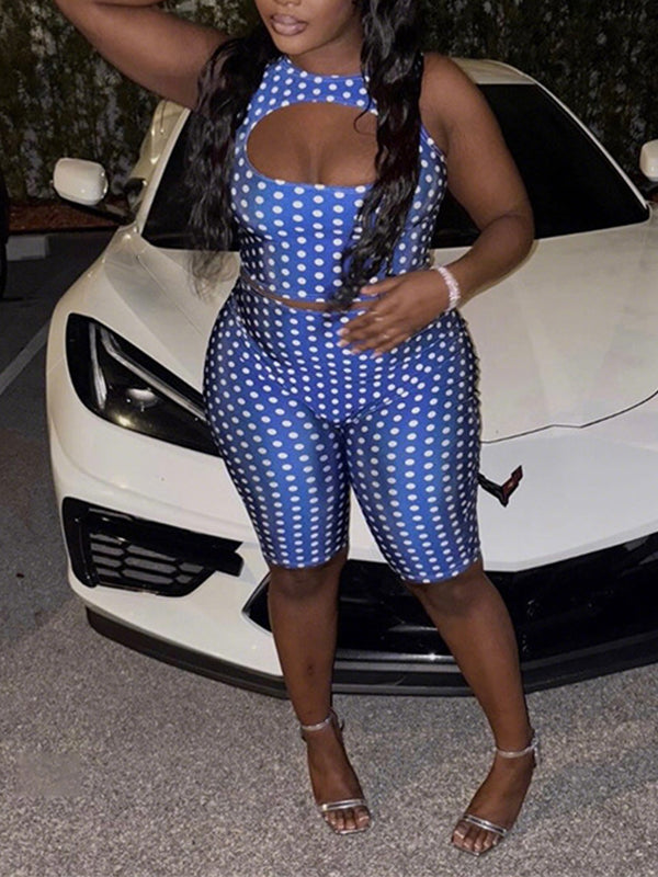 Dot Cutout Tank Top & Shorts Set Blue