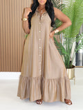 Button-Front Sleeveless Shirt Dress Khaki