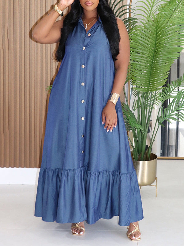 Button-Front Sleeveless Shirt Dress Blue