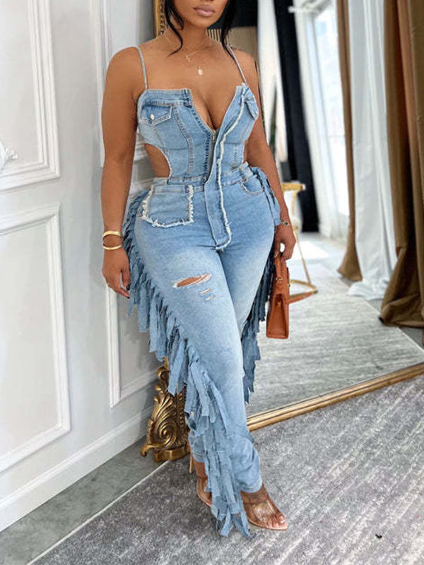 Fringe Cami Denim Jumpsuit Medium Wash Blue