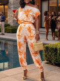 Printed Boat-Neck Top & Jogger Pants Set Orange