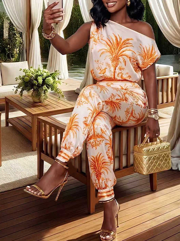 Printed Boat-Neck Top & Jogger Pants Set