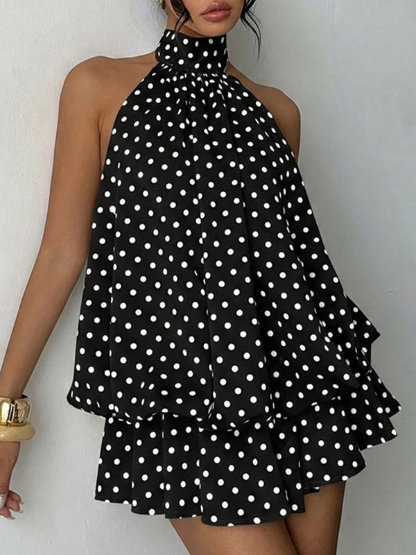 Dot Halter Ruffle Dress Black