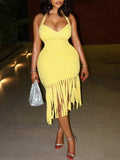 Solid Halter Fringe Dress Yellow