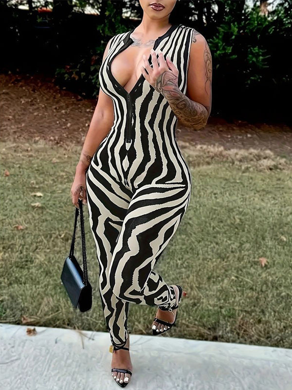 Printed Zip-Front Sleeveless Jumpsuit Black