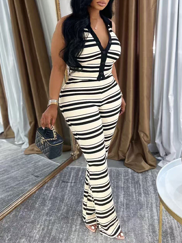 Stripe Halter Top & Pants Set Black