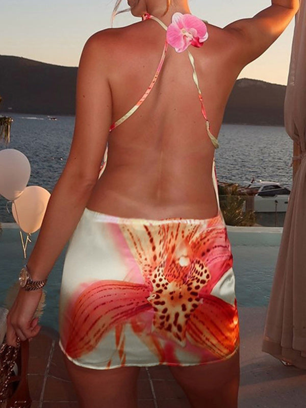 Printed Sleeveless Open-Back Dress