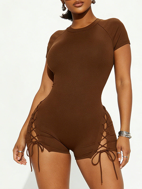 Solid Lace-Up Romper Brown