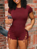 Solid Lace-Up Romper Burgundy