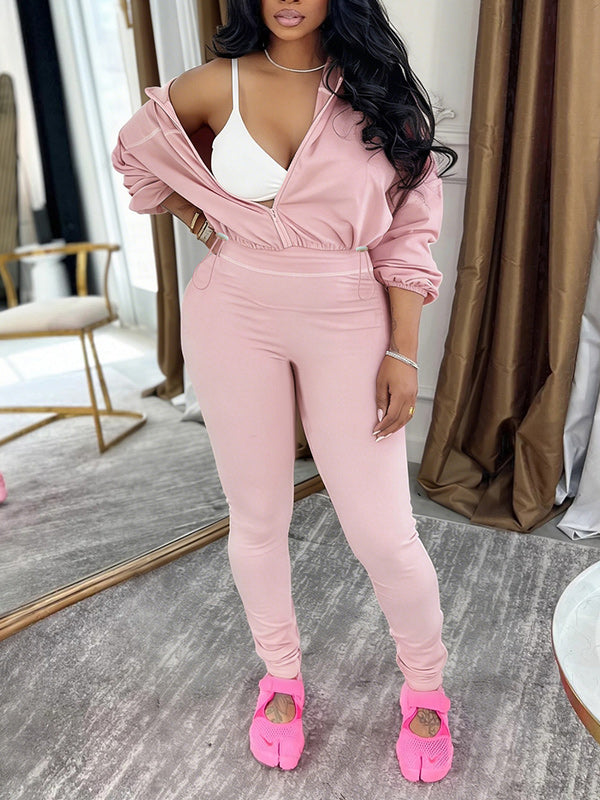 Stripe Zip-Front Jacket & Pants Set Pink
