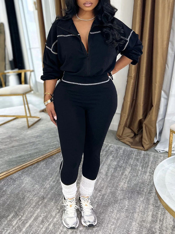 Stripe Zip-Front Jacket & Pants Set Black