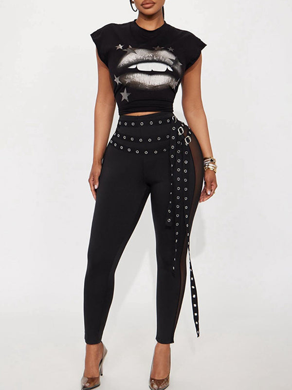 Sheer Combo Belted Pants Black