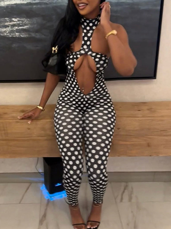 Dot Cutout Halter Jumpsuit