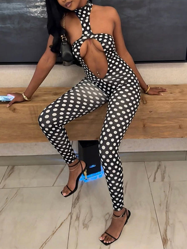 Dot Cutout Halter Jumpsuit