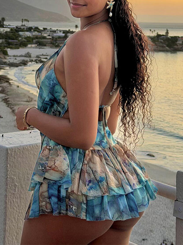 Printed Halter Top & Ruffle Skirt Set