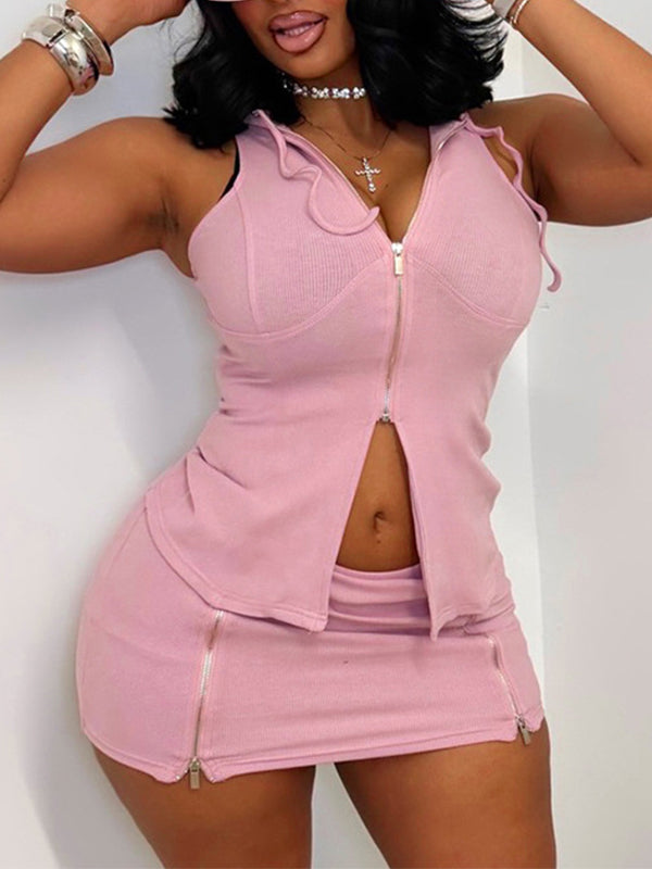 Zip-Front Sleeveless Hoodie & Skirt Set