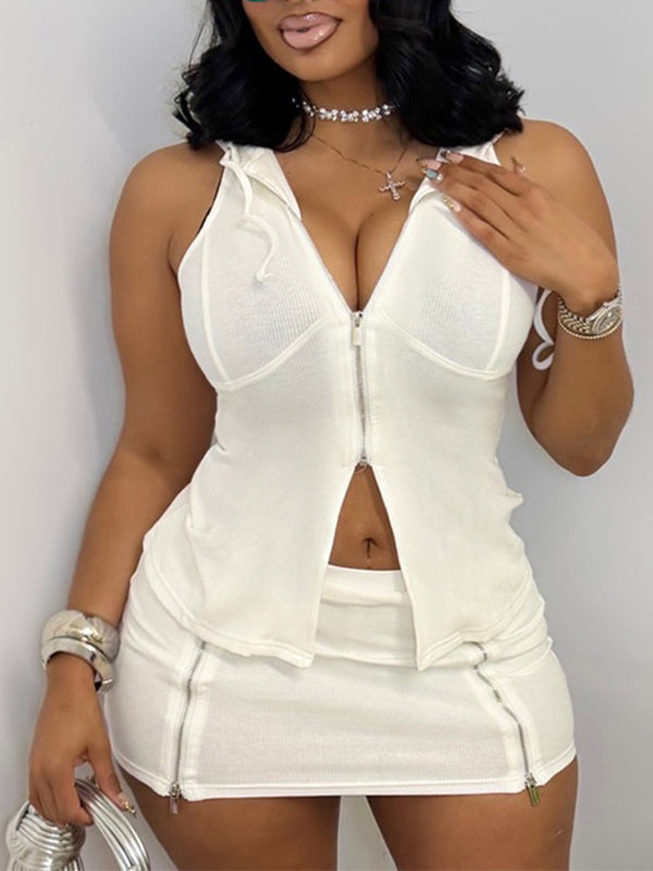 Zip-Front Sleeveless Hoodie & Skirt Set
