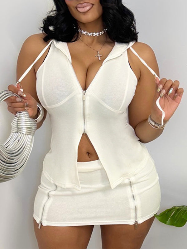 Zip-Front Sleeveless Hoodie & Skirt Set
