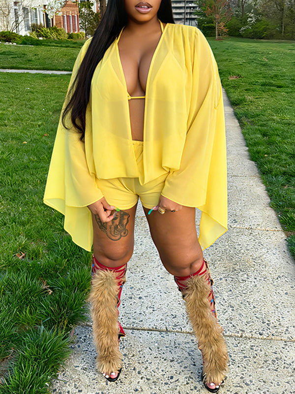 Chiffon Bell-Sleeve 3PC Shorts Set