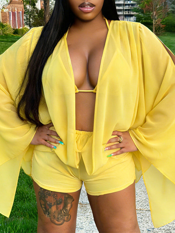 Chiffon Bell-Sleeve 3PC Shorts Set
