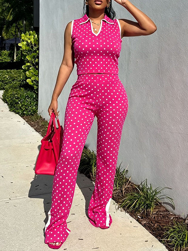 Dot Sleeveless Polo Top & Slit Pants Set