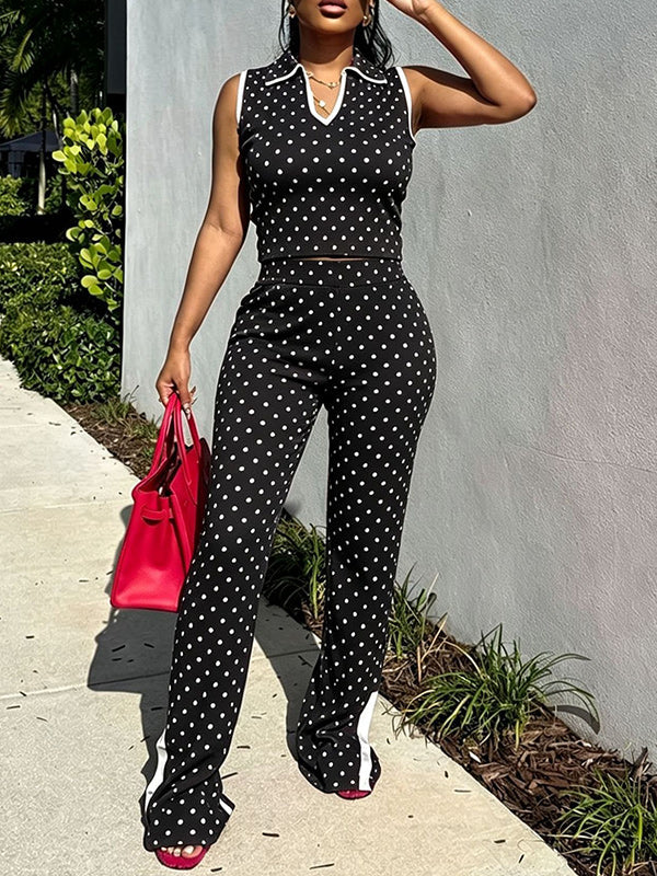 Dot Sleeveless Polo Top & Slit Pants Set
