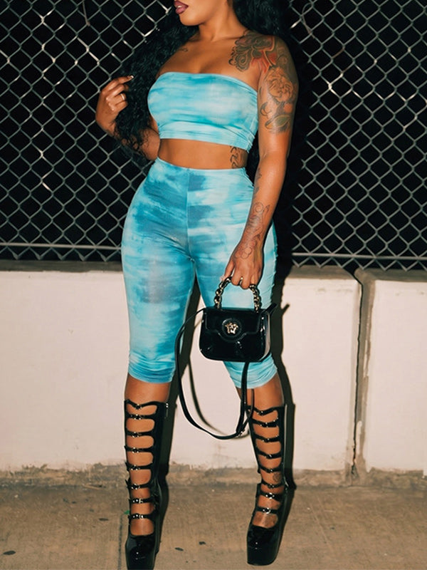 Printed Bandeau Top & Capri Pants Set